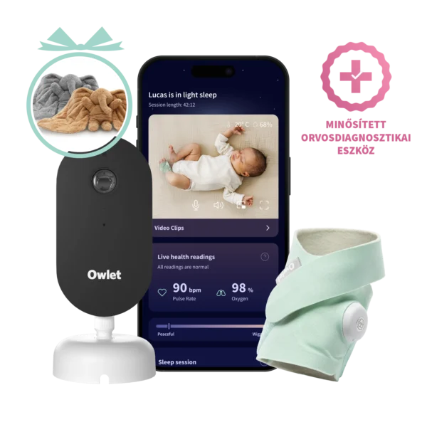 Owlet Dream Duo™ (3. generáció) szett - Owlet Dream Sock™ Okos babazokni 0-18 hónapig (Mentazöld) + Owlet Dream Sight™ kamera