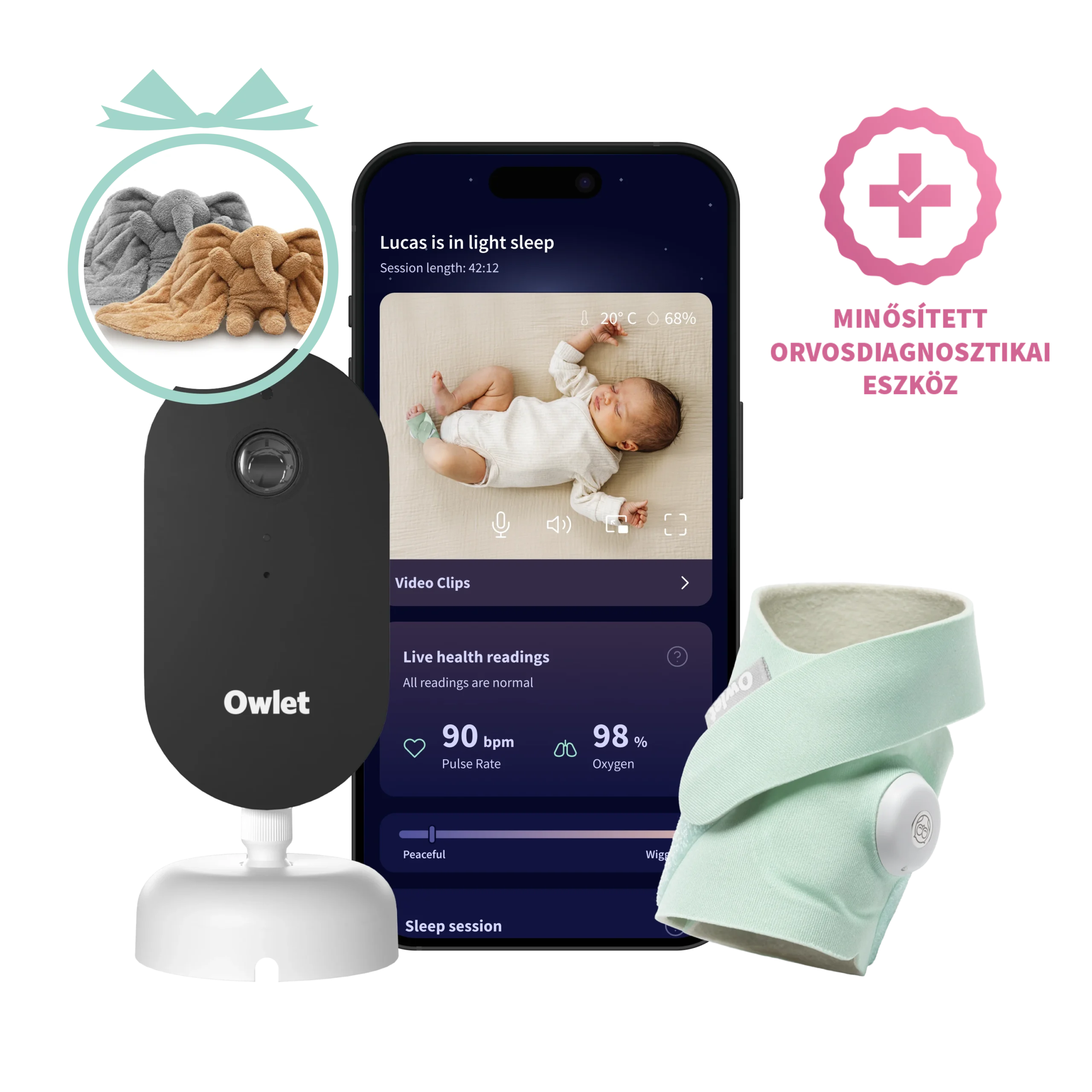Owlet Dream Duo™ (3. generáció) szett - Owlet Dream Sock™ Okos babazokni 0-18 hónapig (Mentazöld) + Owlet Dream Sight™ kamera